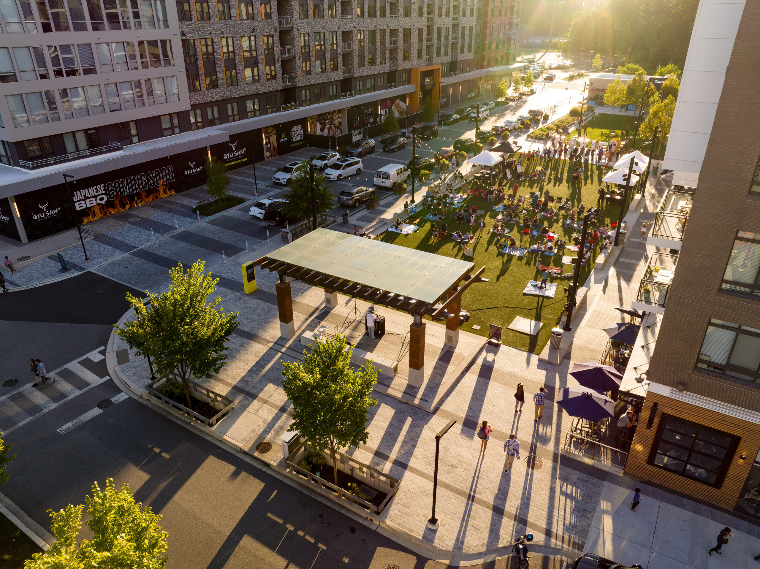An event outside of Marlow in Color Burst Park at sunset.