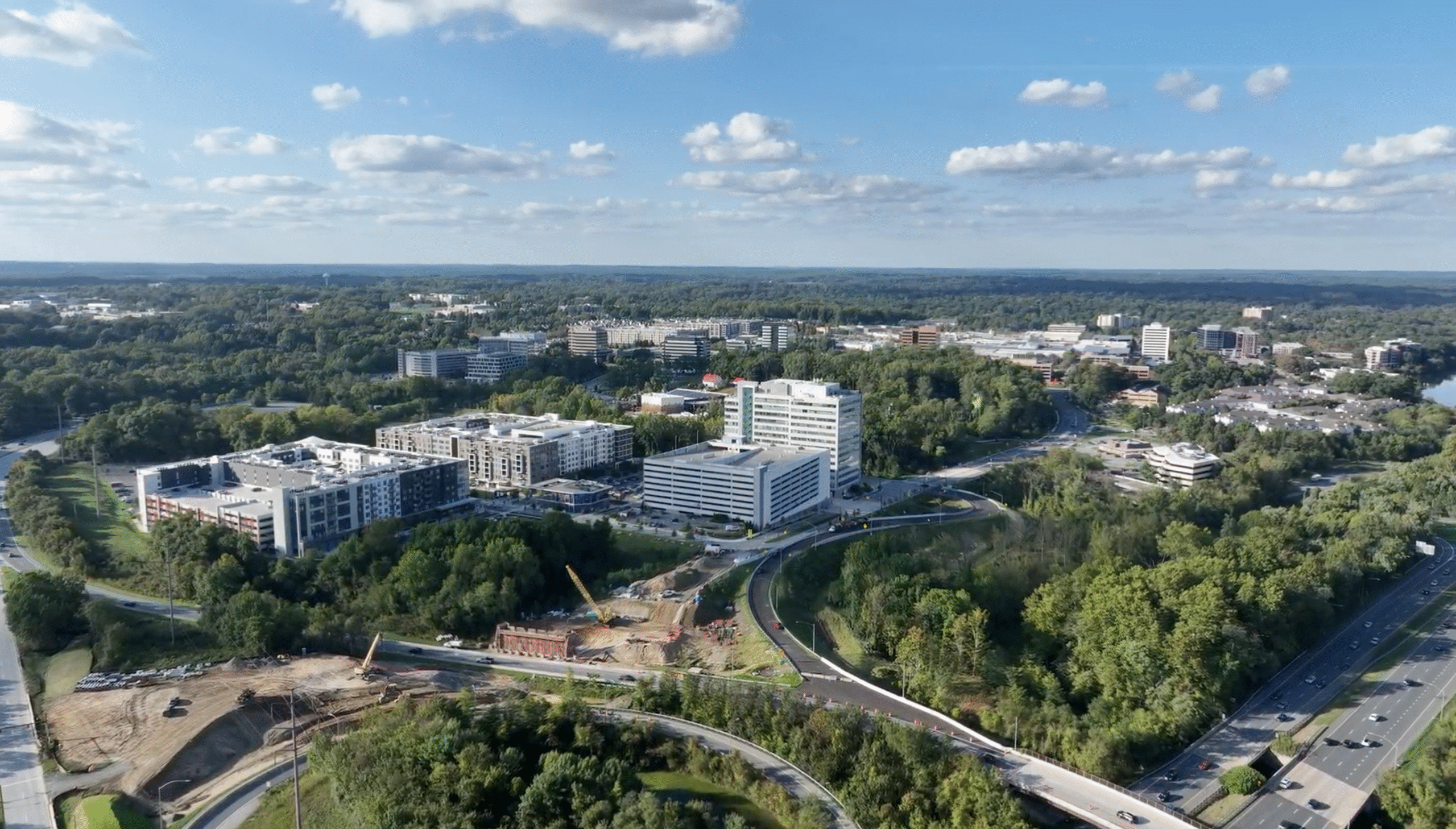 An aerial of Merriweather District shows the new highway exit.