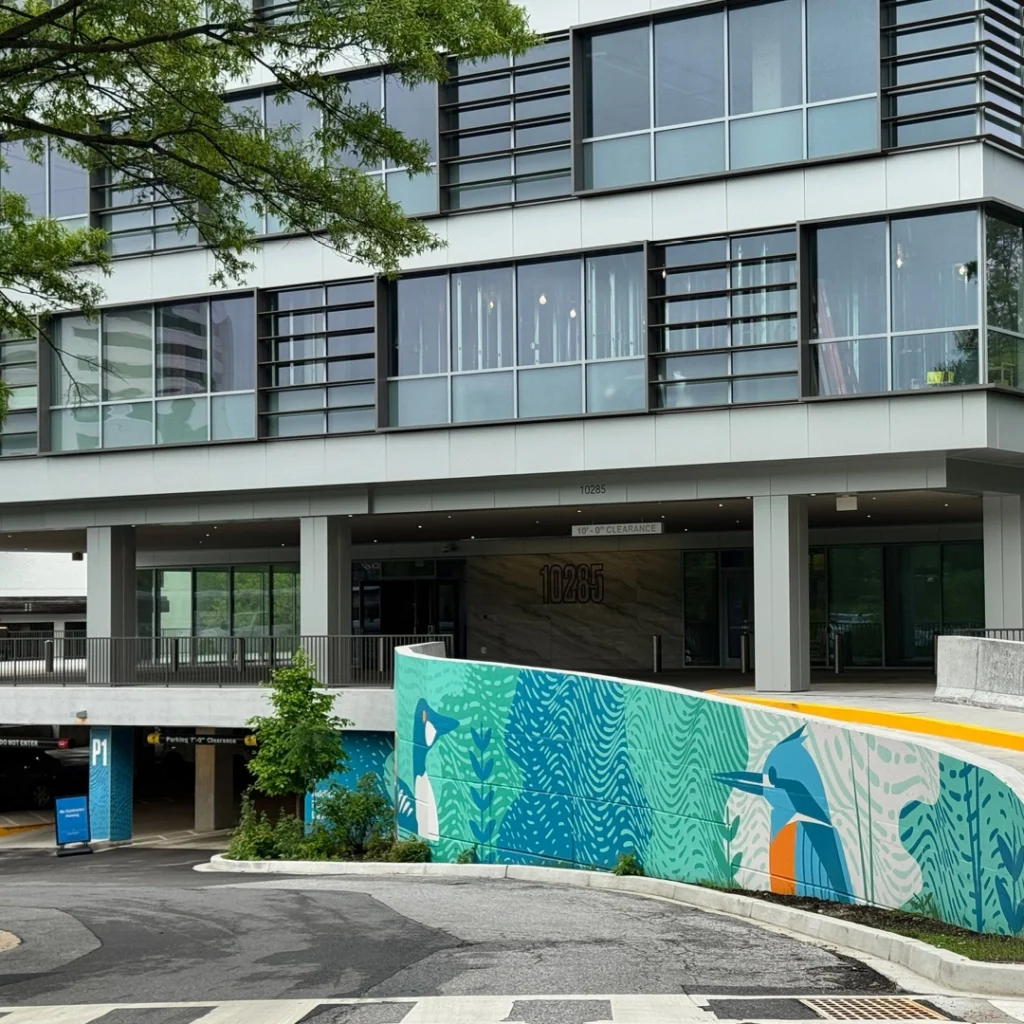 Entrance and mural at 10285 garage at Merriweather District in Columbia, Maryland.