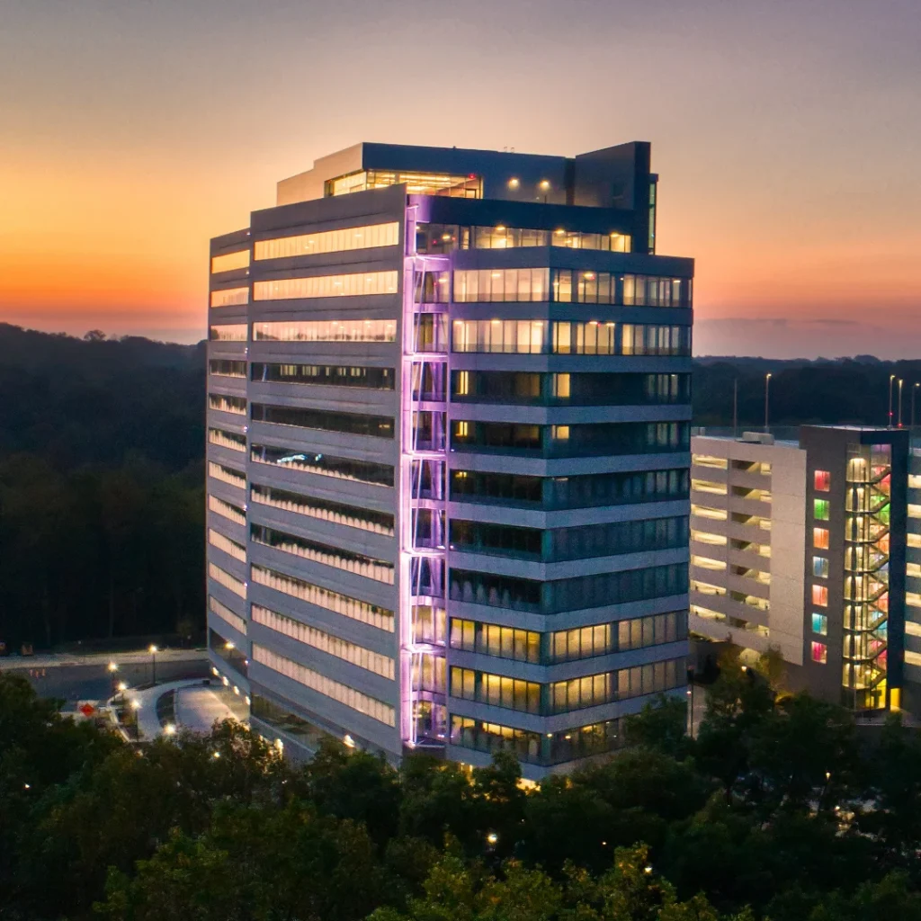 The exterior of 6100 building at sunset at Merriweather District, Columbia, Maryland.