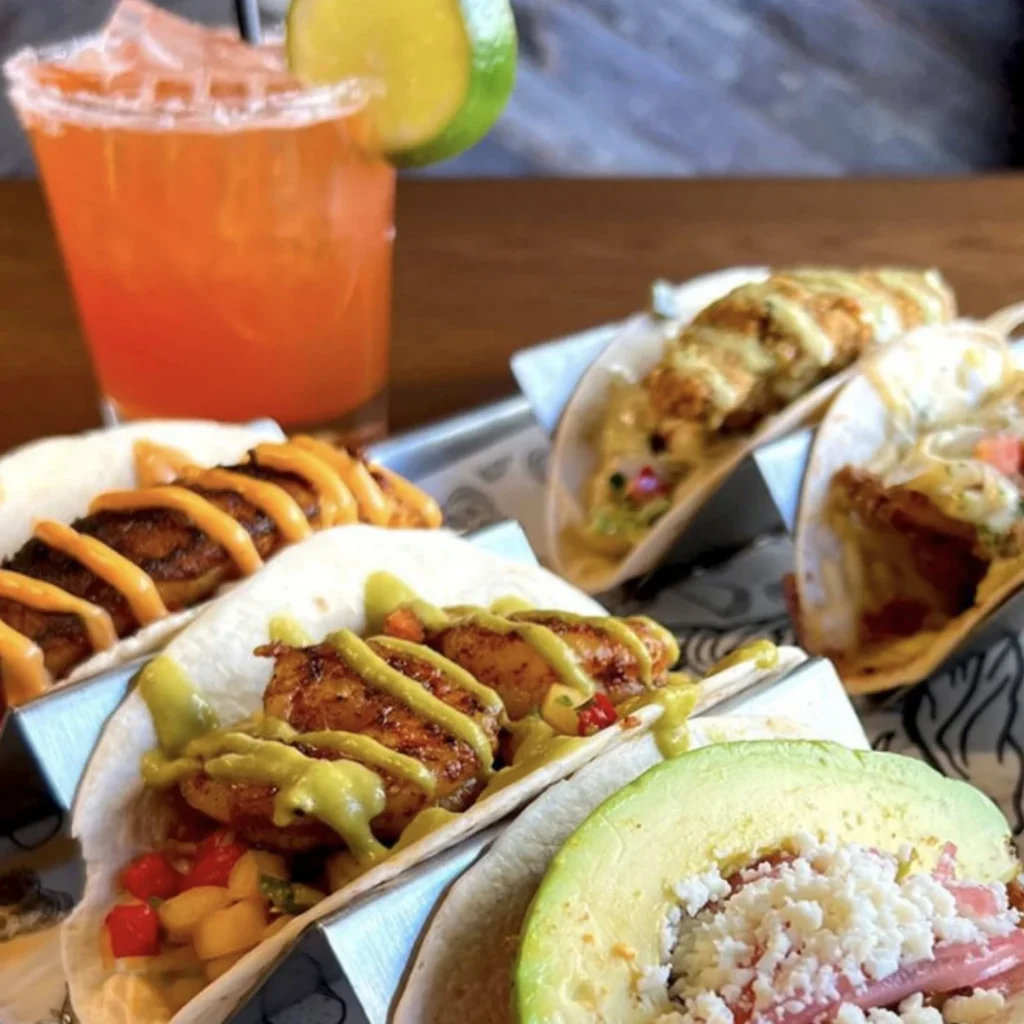 Five tacos and a margarita from Banditos Tacos & Tequila in Merriweather District, Columbia, Maryland.