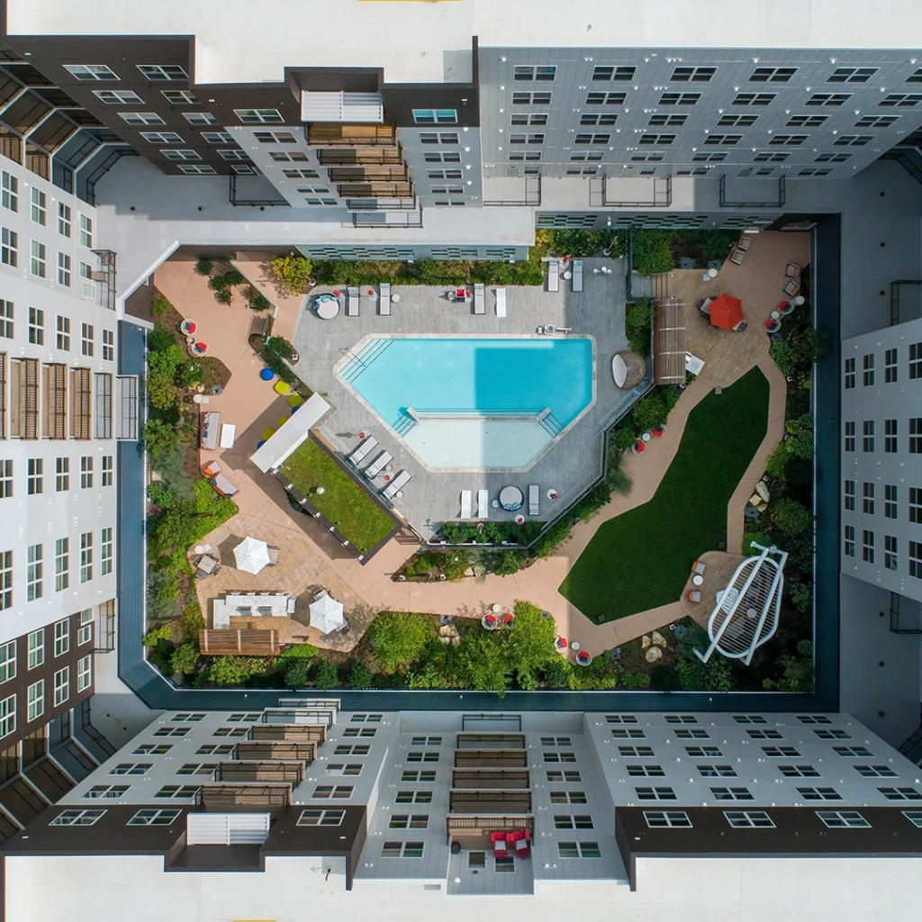Aerial view of Juniper swimming pool at Merriweather District.
