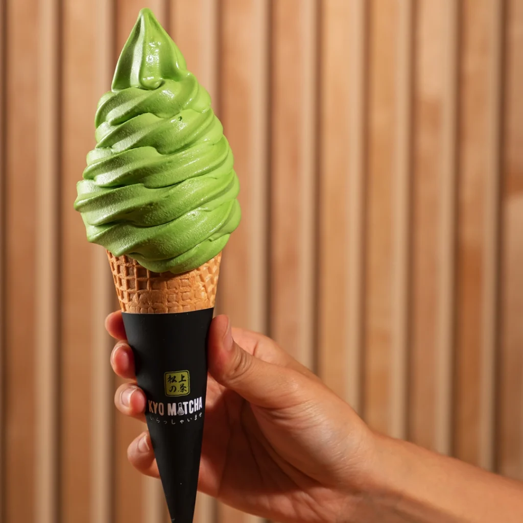 Soft serve matcha ice cream cone from Kyo Matcha.