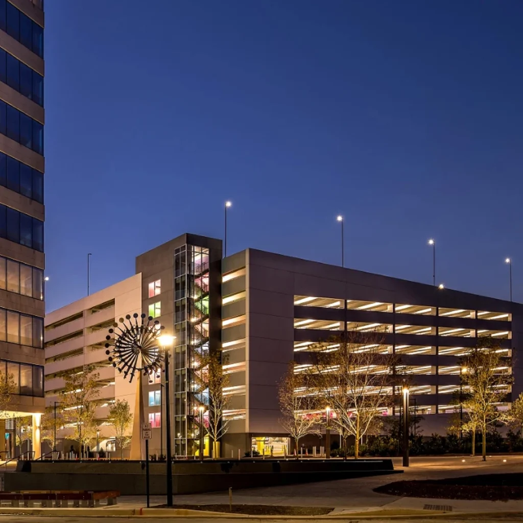 Symphony Woods parking garage at Merriweather District; Azlon sculpture.