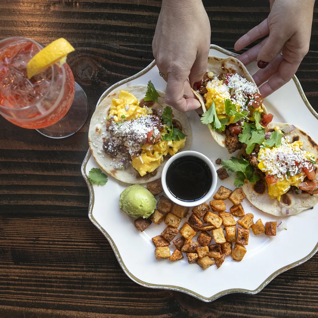 Looking down at a plate of brunch from The Food Market.