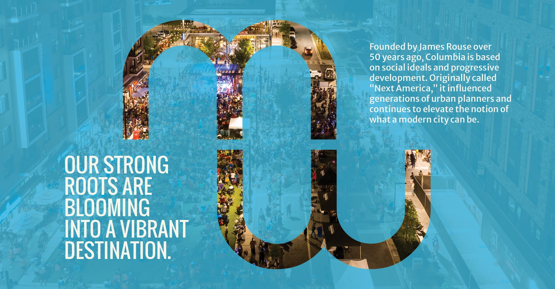 Graphic that reads how Columbia was founded by James Rouse and originally called "Next America."
