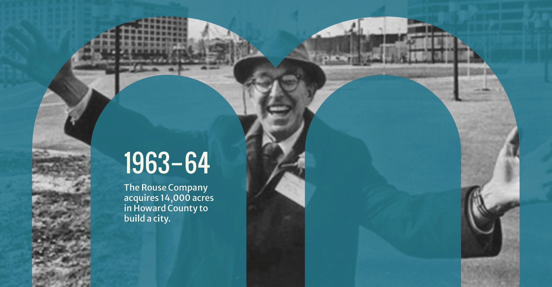 Graphic that reads 1963-64, Rouse Company acquires 14,000 acres in Howard County, Maryland.