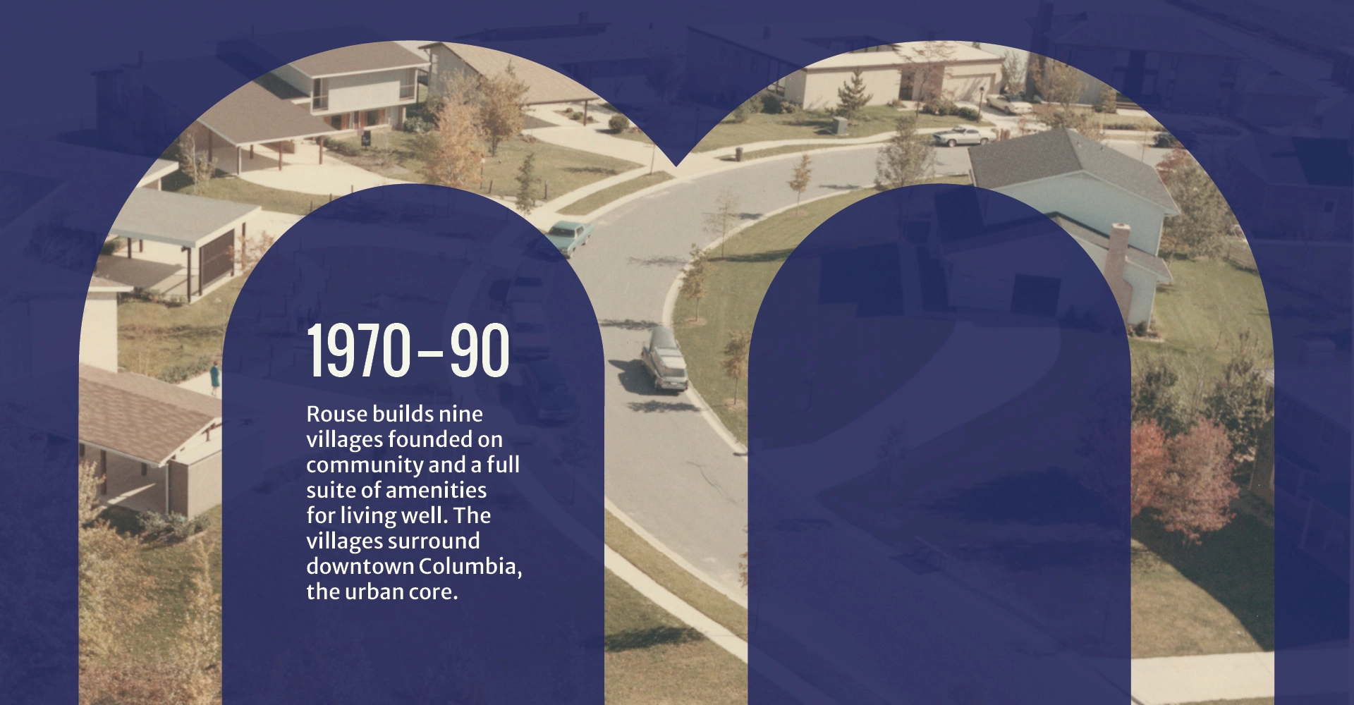 1970-90: Nine villages and amenities are built to surround downtown Columbia.
