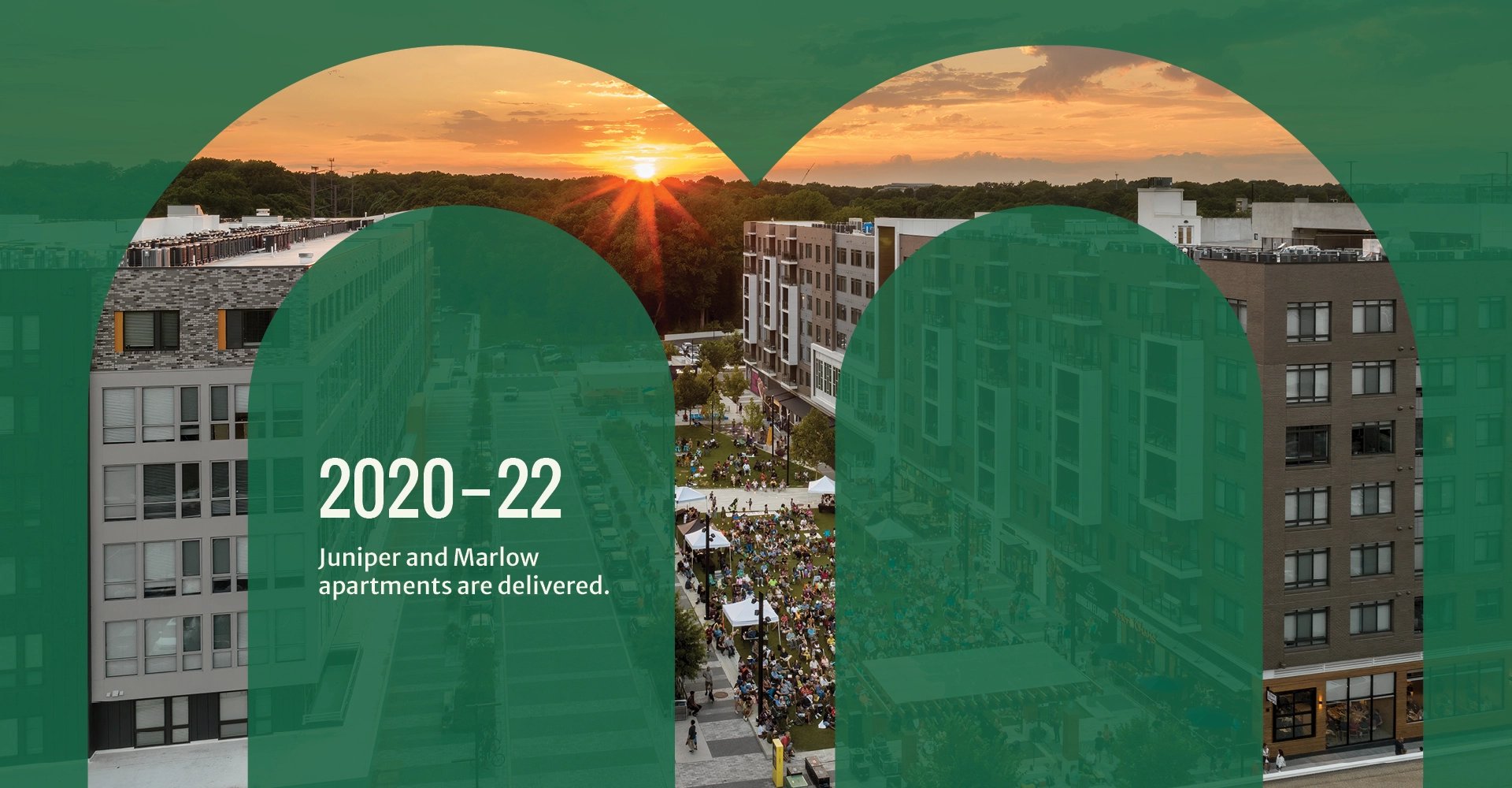 Merriweather District timeline graphic: "2020-22: Juniper and Marlow apartments are delivered."